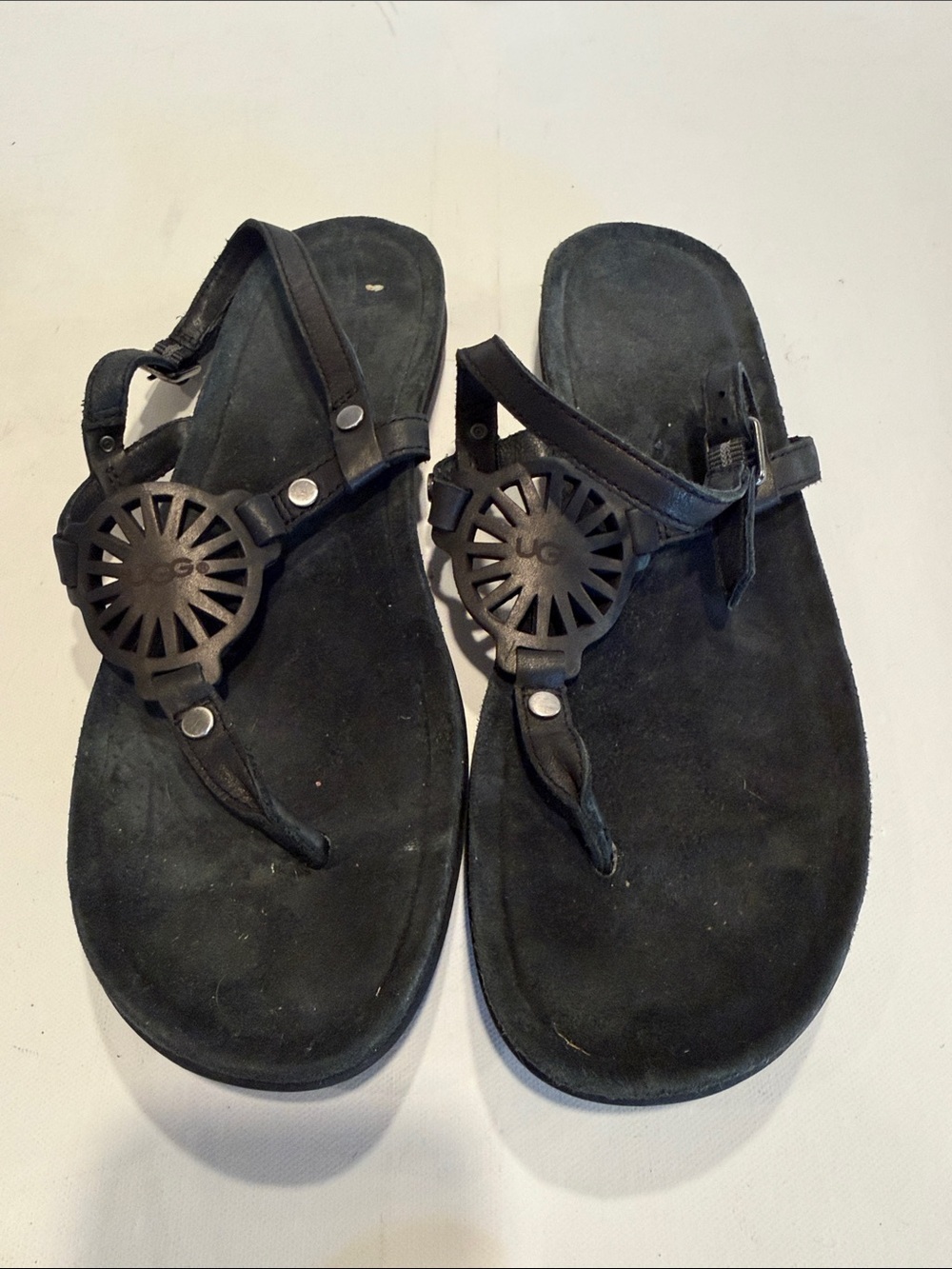 UGG Black Suede Thong Sandals with Sunburst Emblem